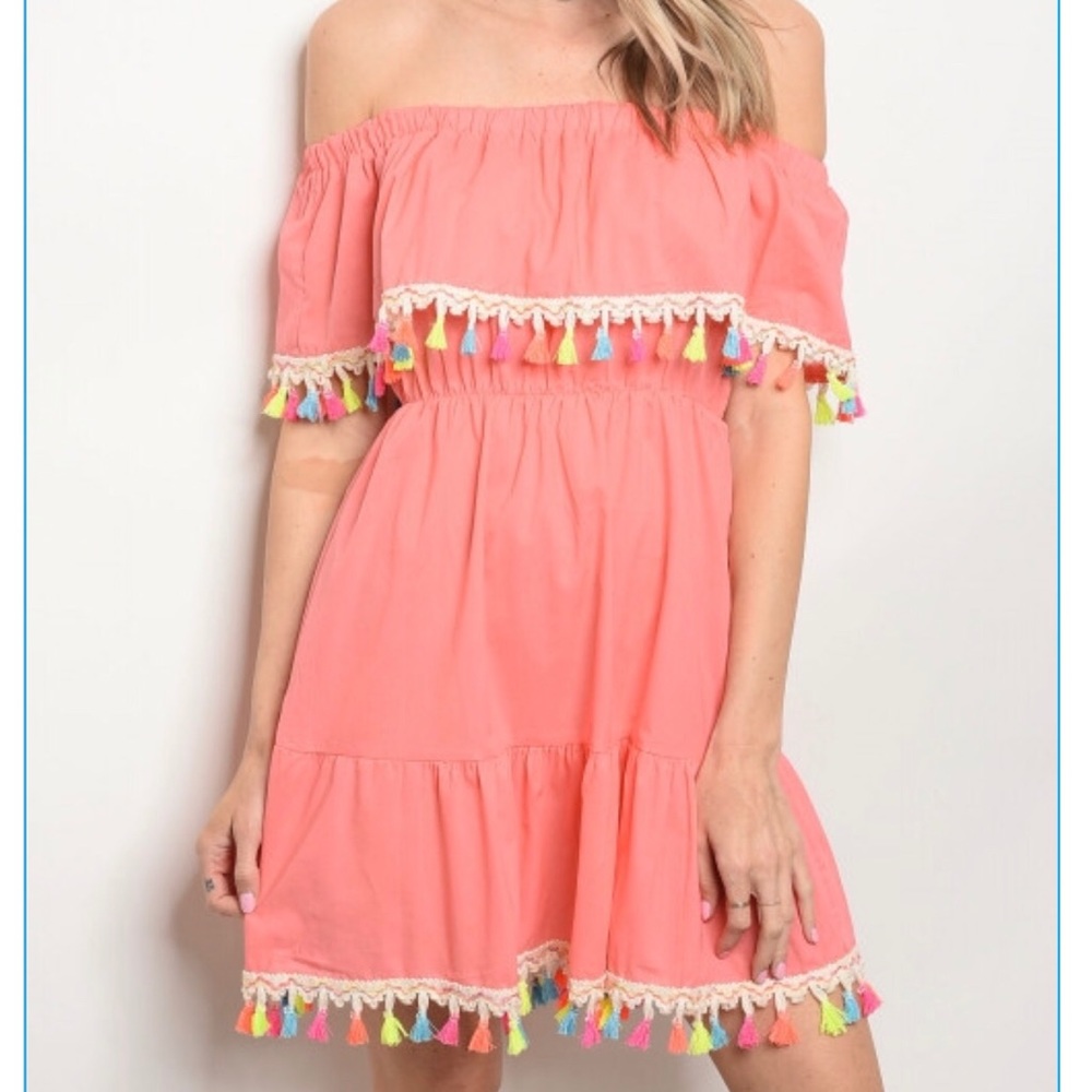 Peachy/pink Tassel off the shoulder dress!
